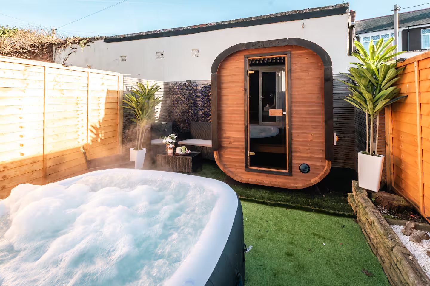Heidelberg Road after refurbishment — private hot tub and barrel sauna garden
